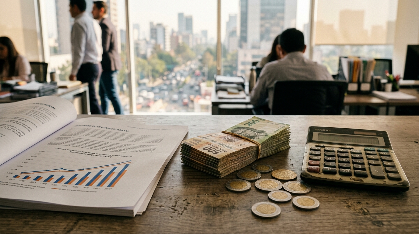 Gráficas de pronóstico de crecimiento de México sobre un escritorio con documentos y calculadora